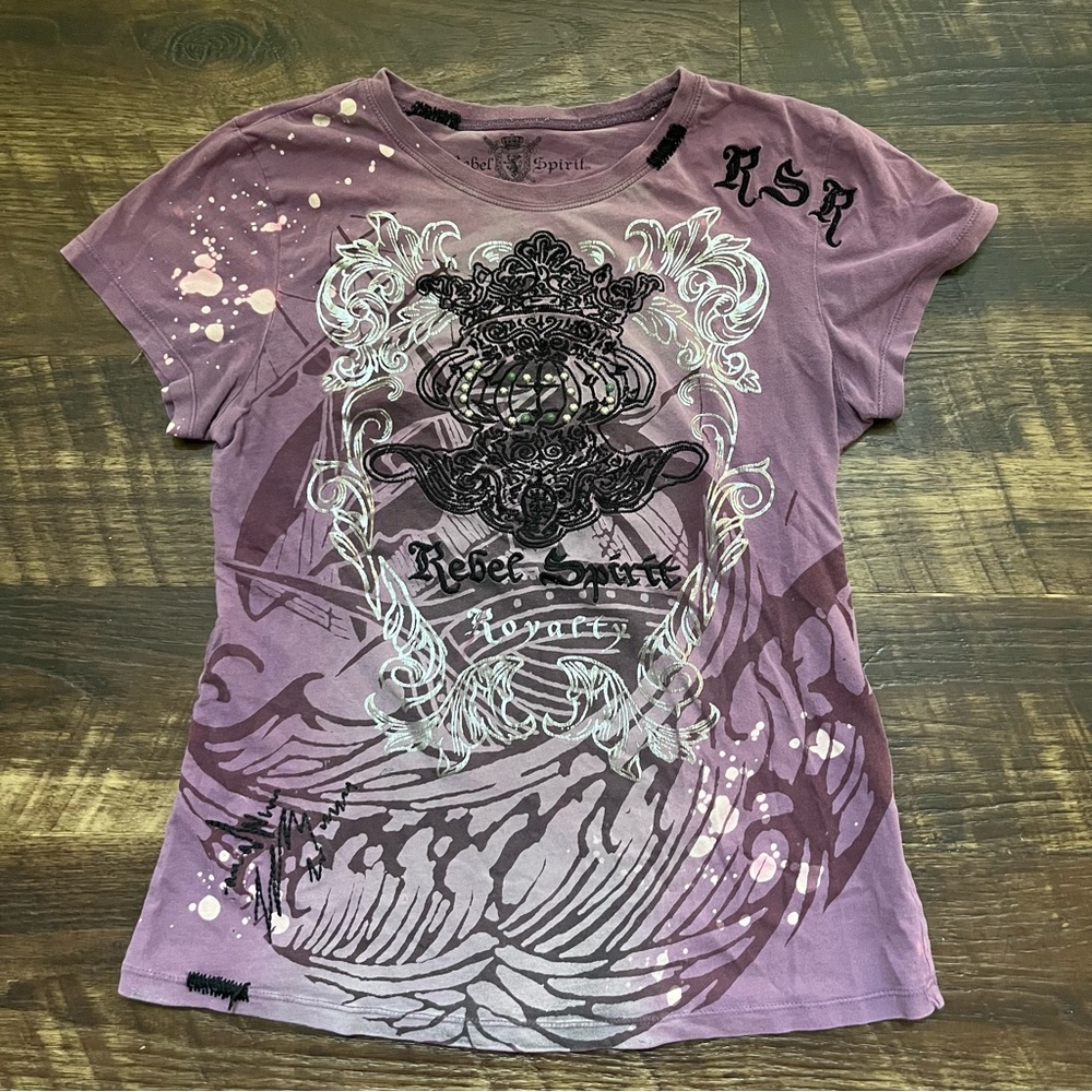 Rebel spirit AOP Y2K grunge affliction style baby tee shirt large purple